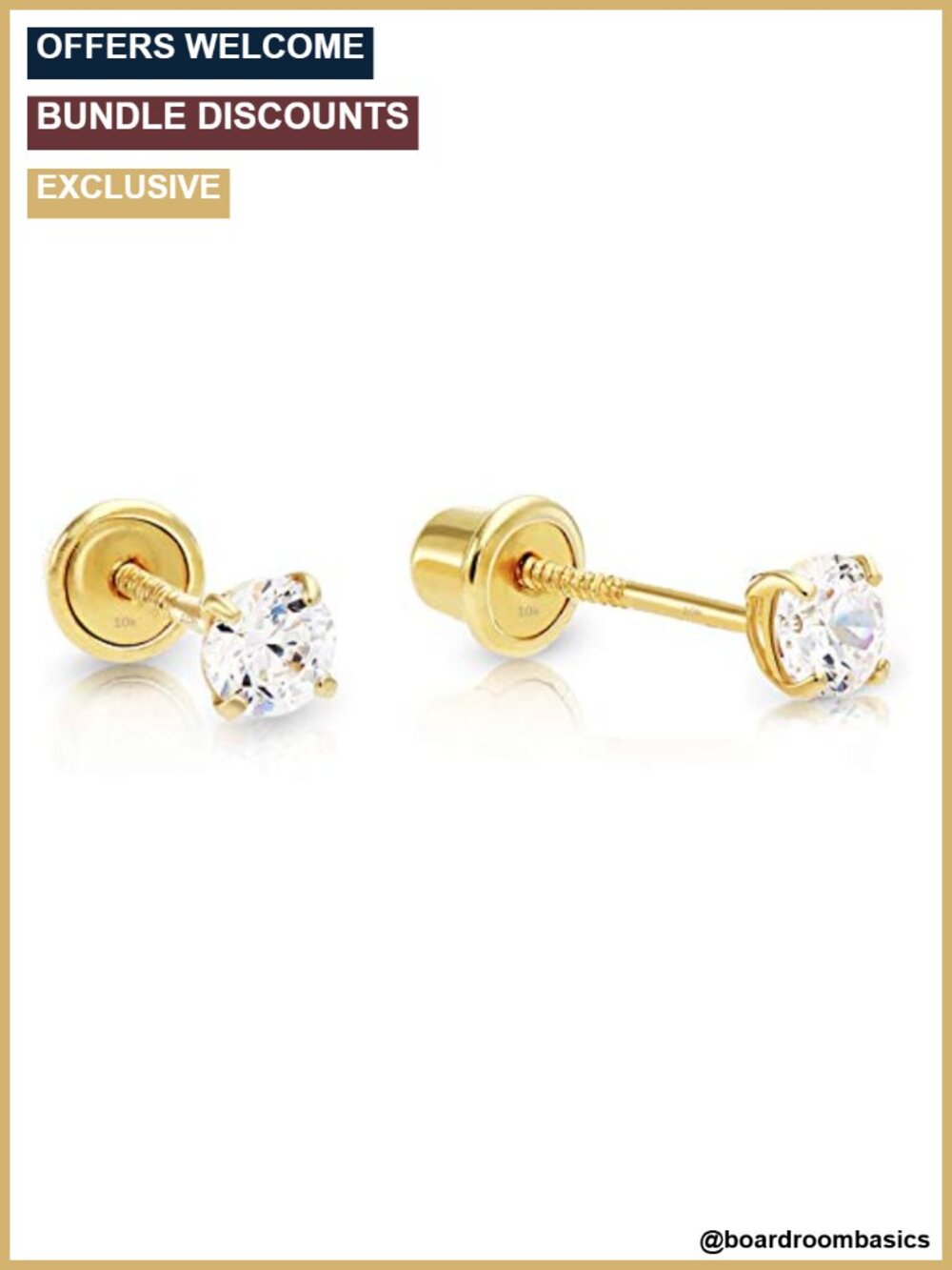 10K Yellow Gold Round CZ Solitaire Stud Earrings Screw Back 4-Prong